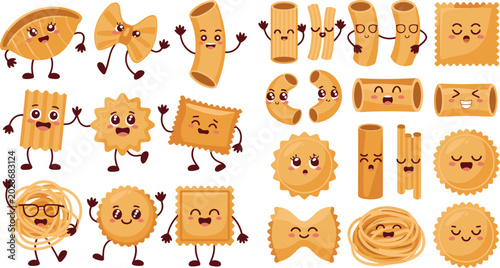 Fotografía Cute cartoon Italian pasta varieties characters with funny faces vector flat sti