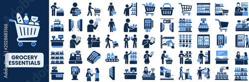 Konstfotografi Grocery Shopping and Supermarket flat icon set