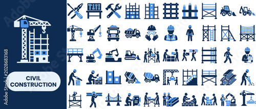 Civil Construction and Engineering flat icon set. Featuring building crane, blueprint, steel beam, surveyor, and concrete pour symbols. Editable stroke vector icons for civil engineering.