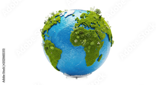 Green earth globe with lush vegetation and blue oceans, isolated on transparent background