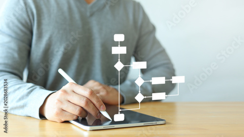 close up manager executive man write on virtual workflow to create solution and decide about solving problem with logic strategy for improve and analyse business concept