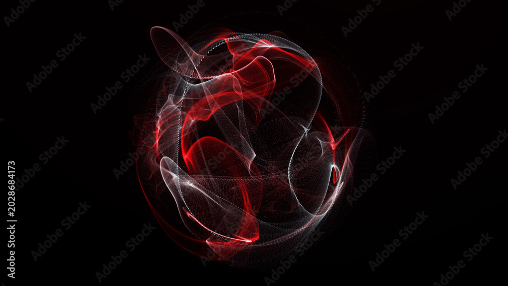 Fototapeta premium Red and white glowing energy orb with smooth flowing digital ribbons on dark background. Abstract futuristic sphere for cyber visuals, science concepts, technology intros, dramatic VJ screens