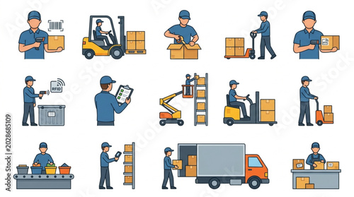 Warehouse workers performing various logistics and shipping tasks.