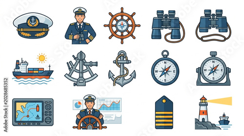 Nautical Icons Collection Featuring Ships and Maritime Gear.