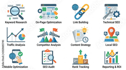 Konstfotografi Search Engine Optimization Icons Set Digital Marketing Concepts.