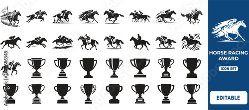 Foto Monochrome Horse Racing Icons and Trophy Cup Vector Collection