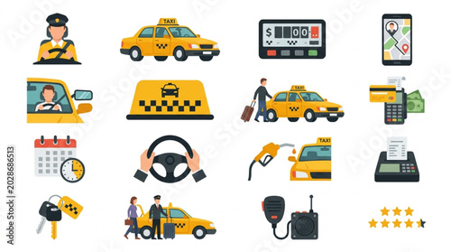 Konstfotografi Taxi Service Icons Collection Transportation and Travel Elements.