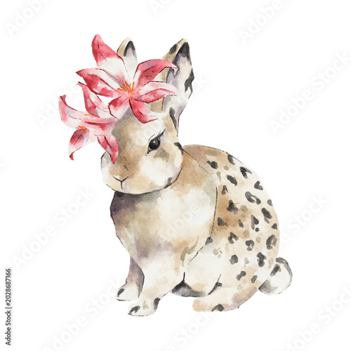 Watercolor bunny with pink lilies floral animal illustration