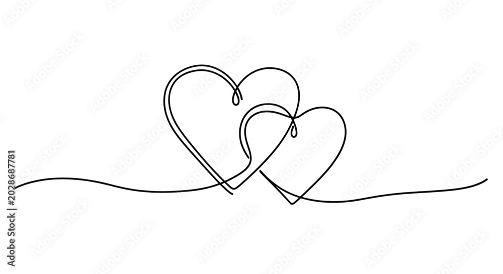 Fototapeta premium Continuous line drawing of two interconnected hearts on a simple line with line art, single line