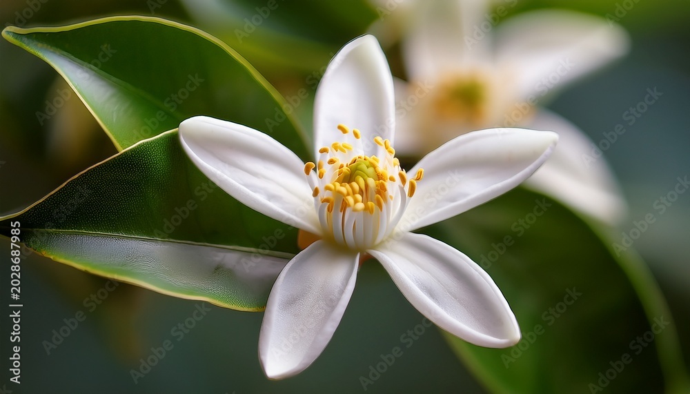 Fototapeta premium close up macro of a blooming citrus blossom showing white petals yellow center and green leaves in soft focus