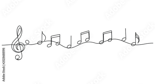 Tableau sur toile Single line drawing of a musical staff with a treble clef and notes line art whi
