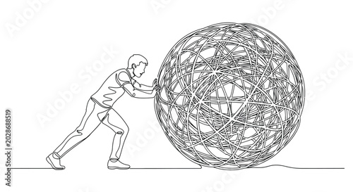 Foto Man pushing a large tangled ball with effort line art single line struggle chall