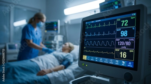 Medical monitor showing vital signs with a nurse caring for a patient in a dark blue hospital intensive care unit room