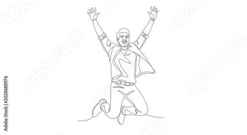 Photos Continuous one line art drawing of a happy man jumping with his arms raised in e