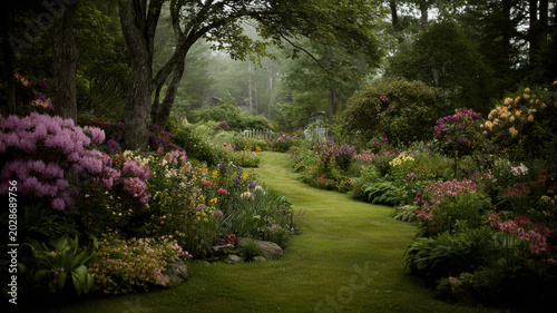 Spring season, garden, flower, fresh, life. A lush garden filled with vibrant flowers, lush green grass, and tall trees, creating a serene and tranquil atmosphere.