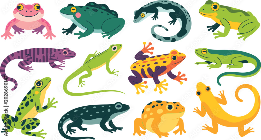 Fototapeta premium Cute colorful frogs toads and lizards amphibians collection vector cartoon flat illustration icons bundle set