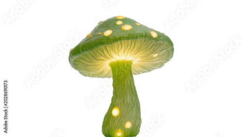 Photography Glowing green mushroom with yellow spots illuminated from within, isolated on tr
