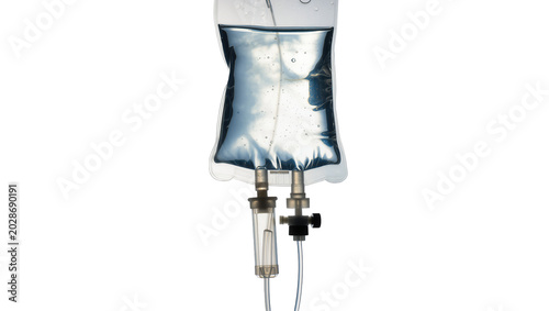 Fotografie Clear intravenous fluid bag with tubing and clamp, isolated on transparent backg