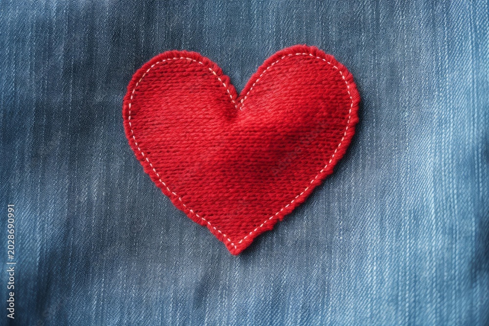 Obraz premium Red knitted heart patch stitched with white thread on blue denim fabric