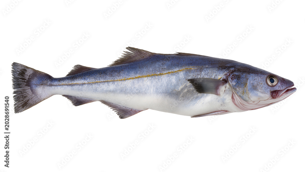Obraz premium Whole raw pollock fish with blue and silver scales, isolated on transparent background