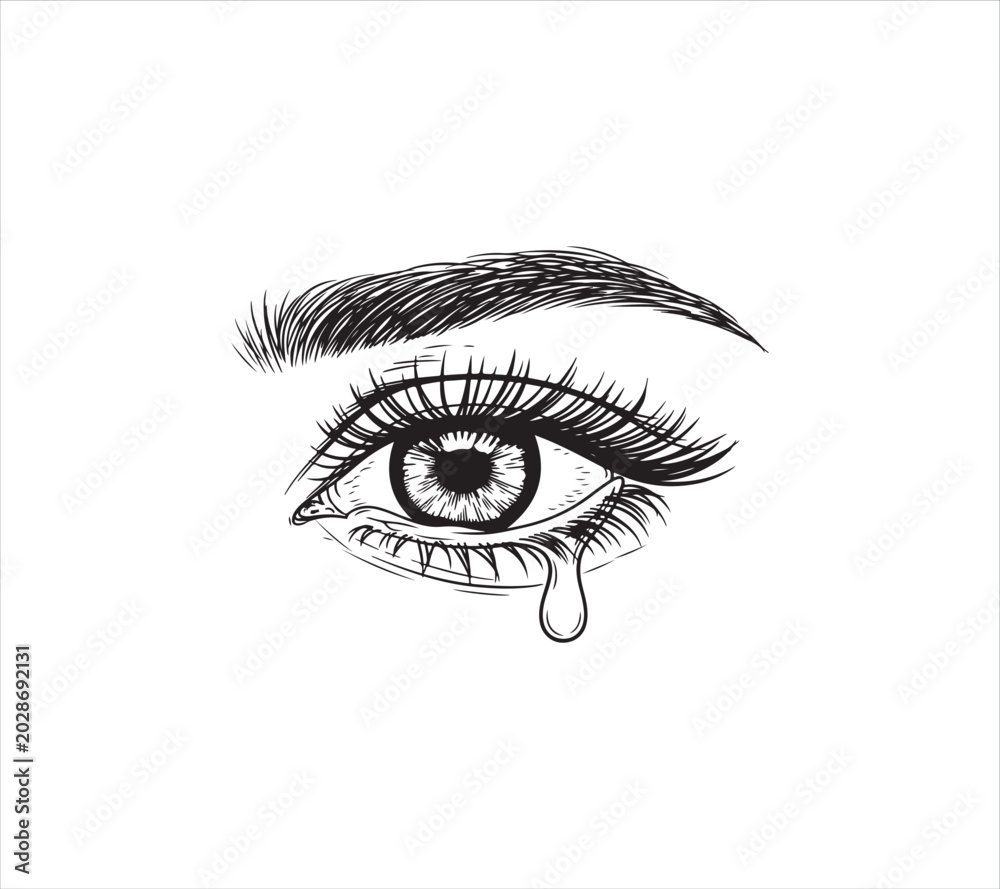 Obraz premium Close up of a crying human eye with long eyelashes and a tear drop