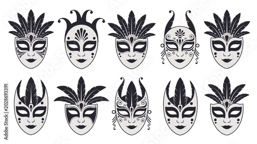 Bild auf Leinwand collection of twelve black venetian masks with ornate designs on a white backgro