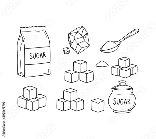 Sugar cubes and bags with spoon on white background