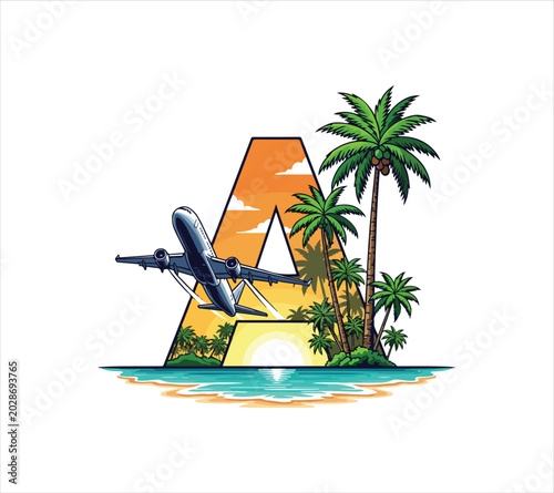 Tropical island with palm trees and airplane flying over water at sunset
