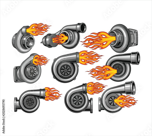 Turbochargers with flames coming out of them in different positions