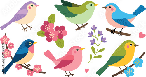 Foto Cute spring songbirds and colorful flowers collection vector cartoon flat illust