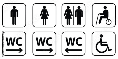 Fotografija Washroom signs featuring solid black restroom and bathroom symbols, toilet and c