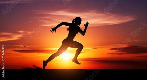 Athletic Runner Silhouette Sprinting Against Dramatic Sunset Sky