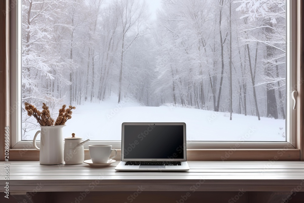 Fototapeta premium Laptop and coffee cup on a window sill overlooking a tranquil snow covered forest during winter