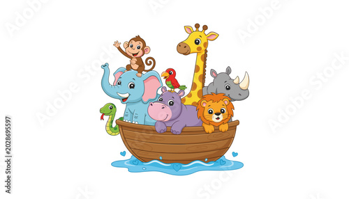 Canvas Print Cartoon animals on Noah's Ark, colorful illustration