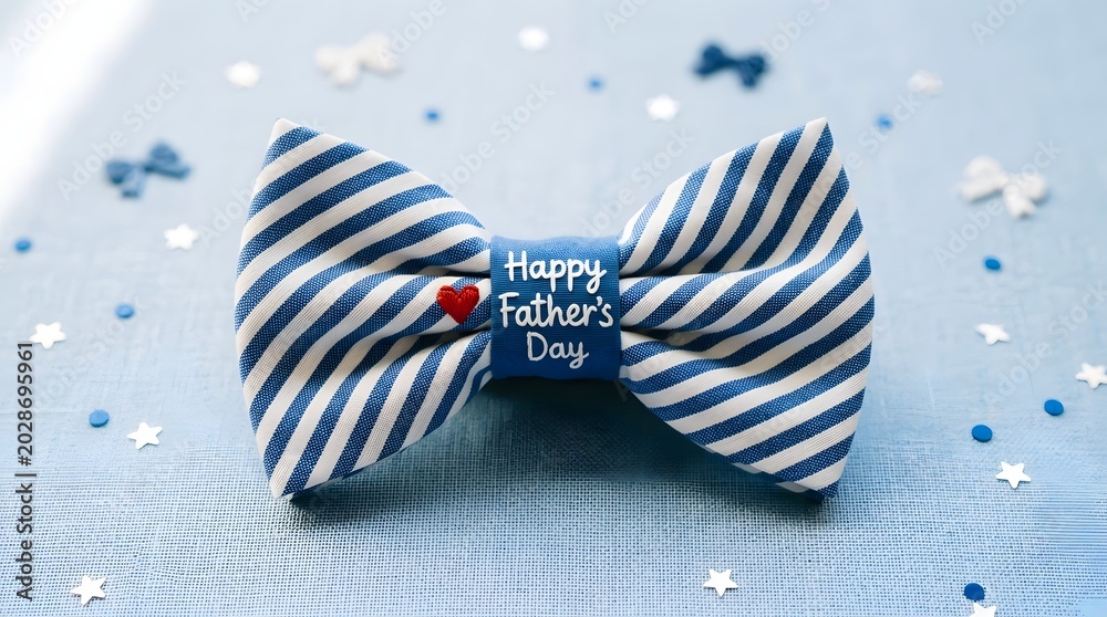 Obraz premium Blue and white striped bow tie gift box with Happy Father's Day message on snowy background