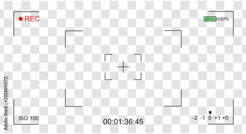 Photos Camera viewfinder interface with recording symbols and settings on a transparent