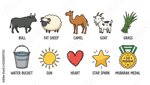 Photography Eid Celebration Icon Set: A collection of illustrated icons representing elements of Eid celebrations, including animals, symbols of nature, and celebratory items, suitable for festive designs