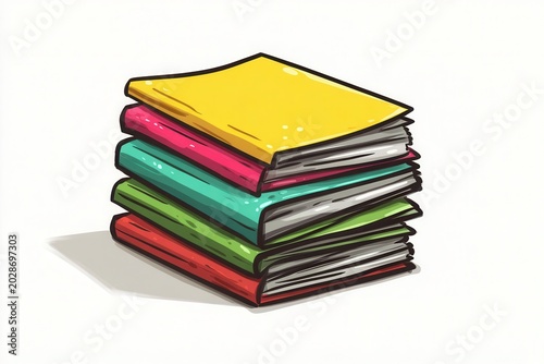 Stack of colorful books on white background with shadow