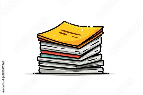 Stack of papers and documents on white background