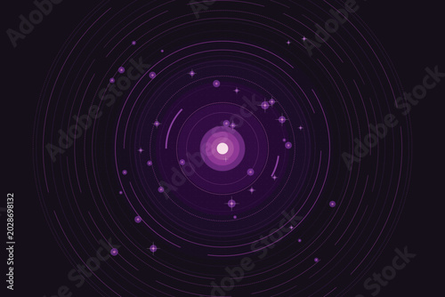 Fotografie Purple orbiting celestial bodies and starbursts on dark background, abstract cir