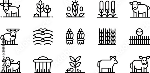 Farming and livestock line icon set featuring domestic farm animals crops wheat and fence