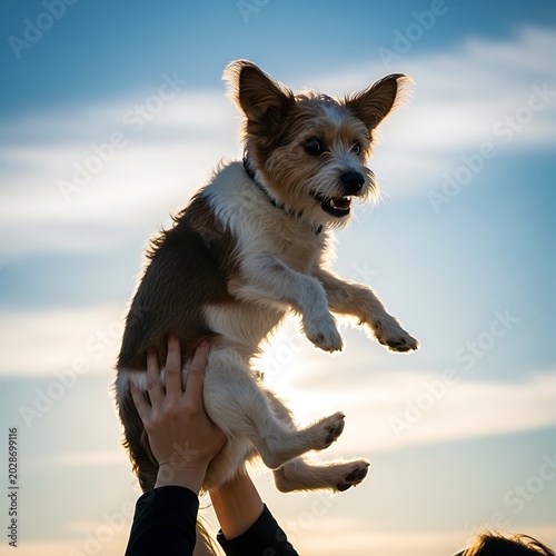Small Playful Dog Being Lifted by Hands Against Bright Sky