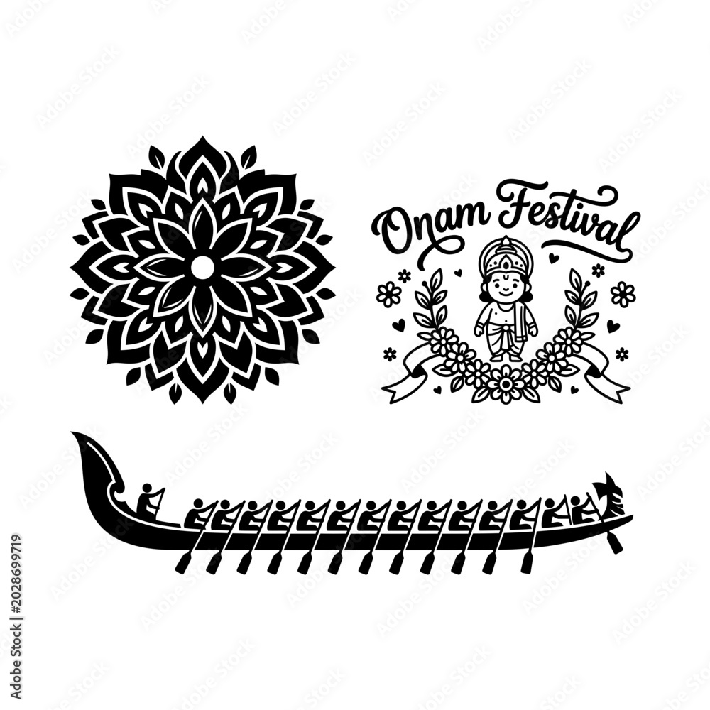 Fototapeta premium Onam floral boat silhouette with pookalam festival motif