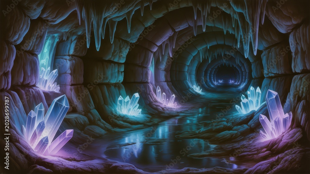 Obraz premium Enchanting underground cave with glowing crystals, stalactites, stalagmites, and reflective water surface illuminated by colorful lights