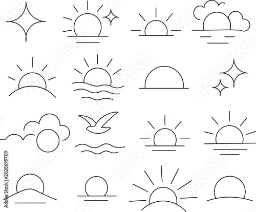 Sunrise weather and sparkle outline icons set with clouds waves sunset nature symbols minimal vector collection isolated on transparent background.