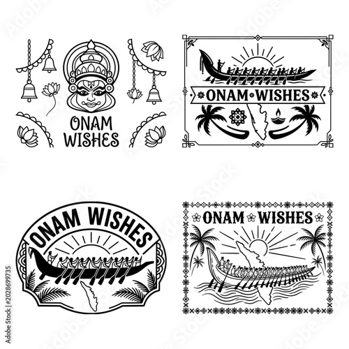 Tableau sur toile Onam wishes boat race and temple garland label designs