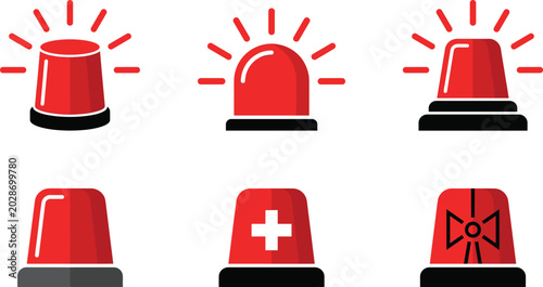 Fotografía Red emergency flasher siren beacon light vector icon set for police ambulance an