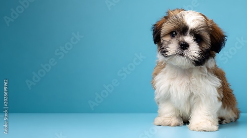 A fluffy, brown and white puppy sits and stares at the camera against a blue background