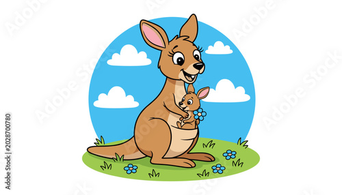 Bilde på lerret Kangaroo and joey sitting on grassy hill with blue sky