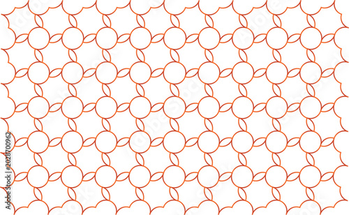 Seamless geometric pattern vector illustration featuring thin orange circular shapes linked together in a traditional grid network